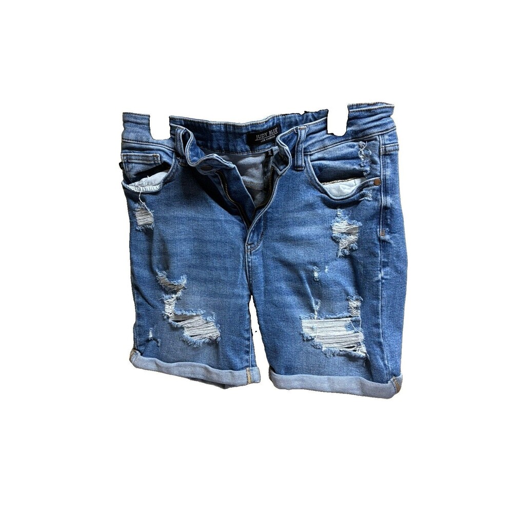 Judy Blue Denim Shorts Womens XL Blue Distressed Cuffed Stretch Bermuda Casual